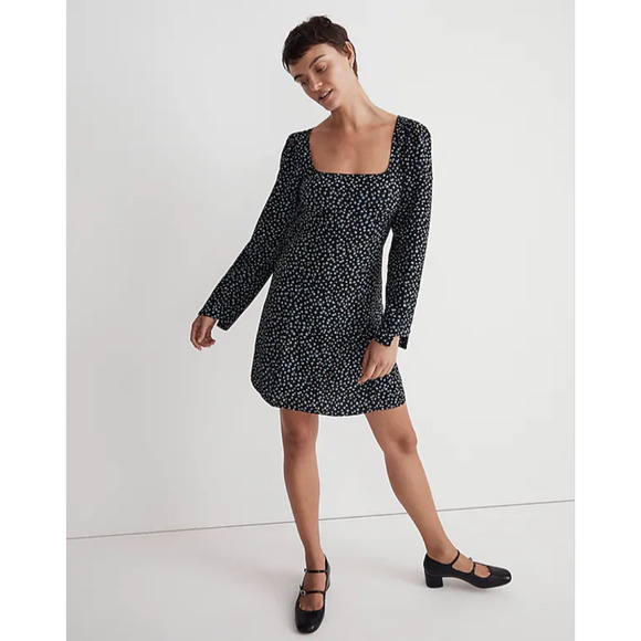 MADEWELL Seamed Long Sleeve Mini Dress in True Black Ditsy Floral - Picture 2 of 15